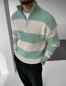 Šareni džemper sa polu zipom mint