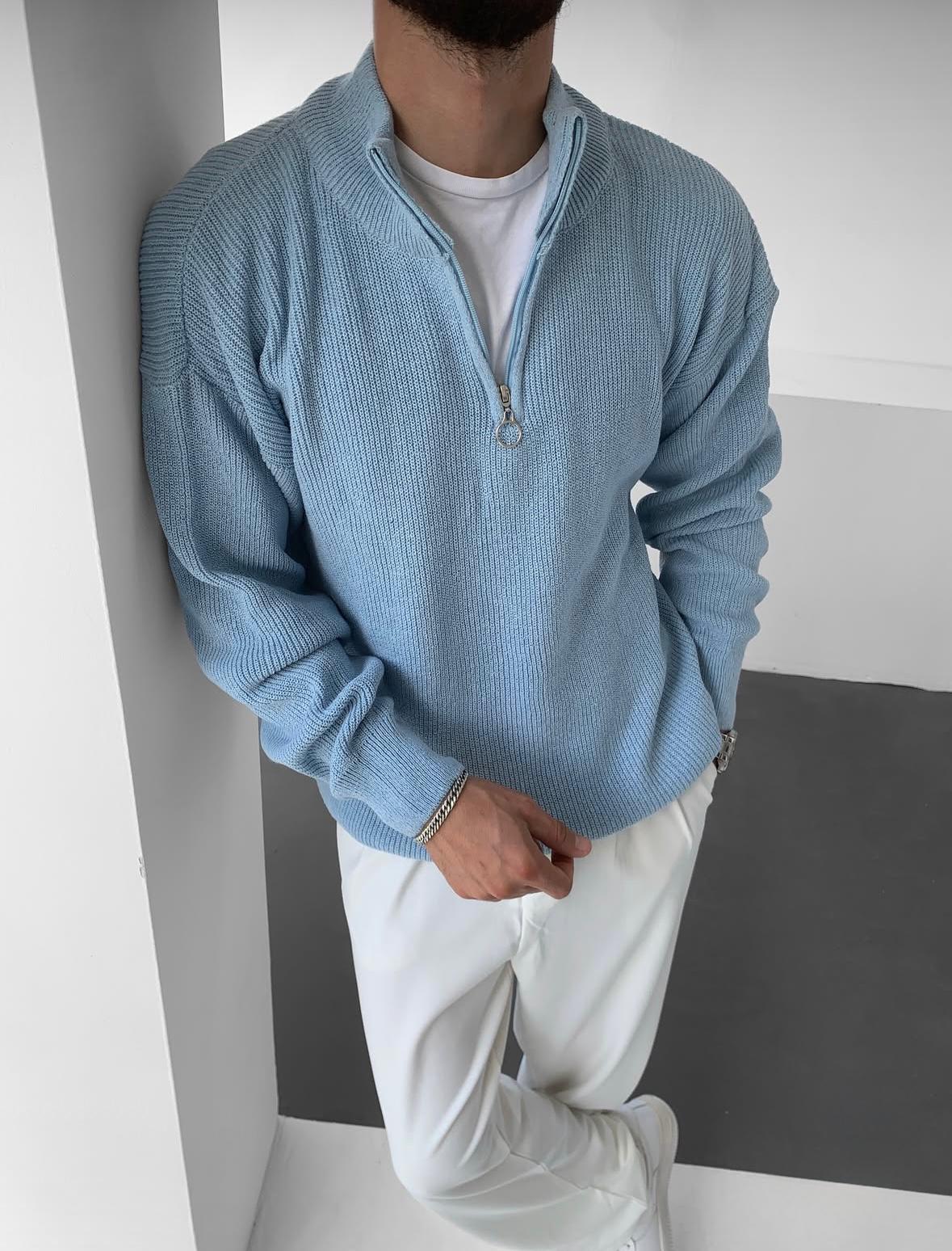 muski dzemper (2) Basic džemper sa polu zipom plava - Image 1